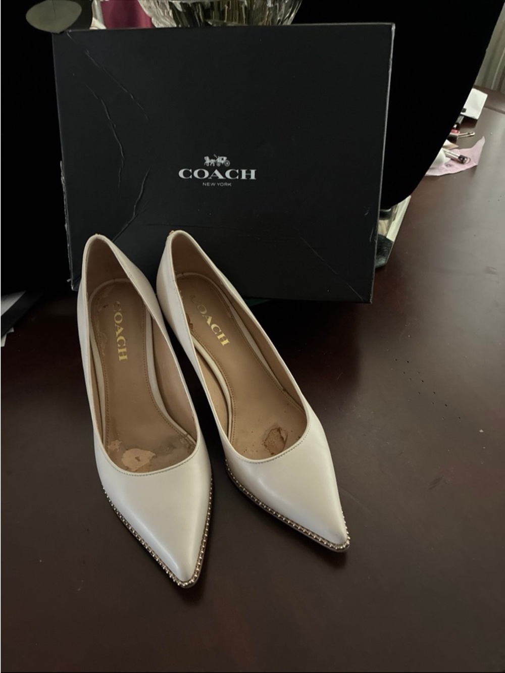 COACH New York Classic Cream Heels with bead chain accents